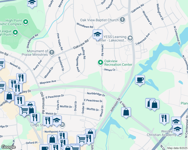 map of restaurants, bars, coffee shops, grocery stores, and more near 131 James Road in High Point