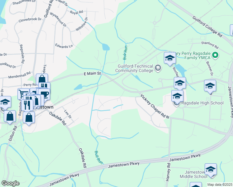map of restaurants, bars, coffee shops, grocery stores, and more near in Jamestown