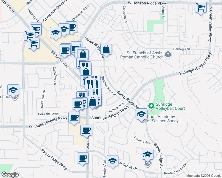 map of restaurants, bars, coffee shops, grocery stores, and more near 832 Sandhill Sage Street in Henderson