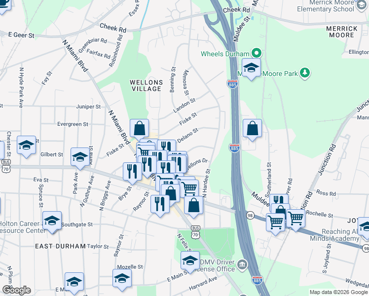 map of restaurants, bars, coffee shops, grocery stores, and more near 1126 Raynor Street in Durham