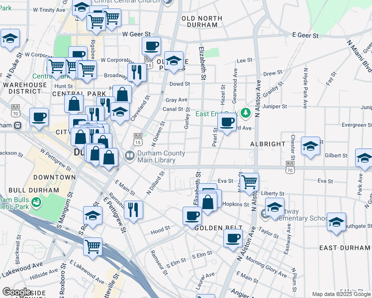 map of restaurants, bars, coffee shops, grocery stores, and more near 510 Carlton Avenue in Durham