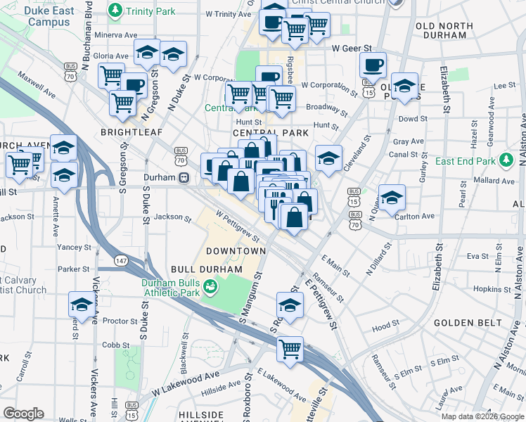 map of restaurants, bars, coffee shops, grocery stores, and more near 126 West Main Street in Durham