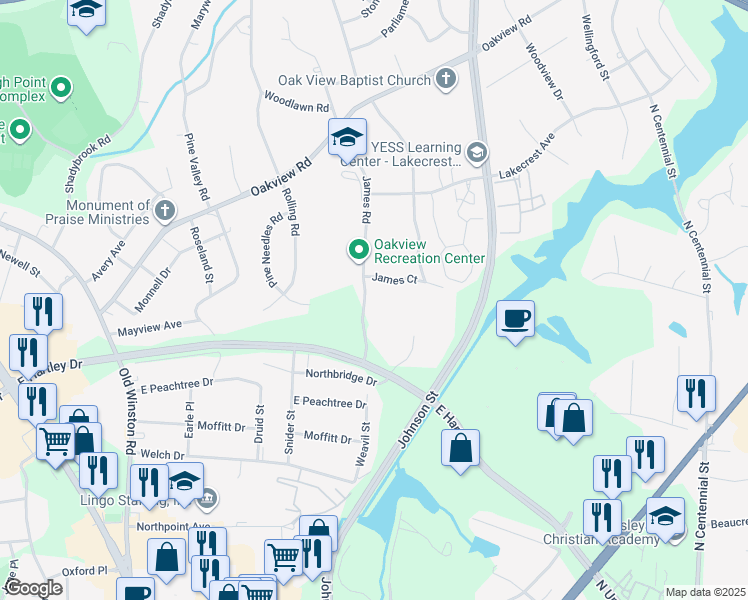 map of restaurants, bars, coffee shops, grocery stores, and more near 140 James Road in High Point