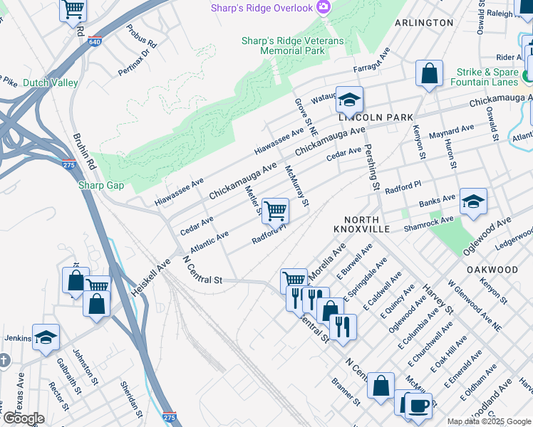 map of restaurants, bars, coffee shops, grocery stores, and more near 304 Atlantic Avenue in Knoxville