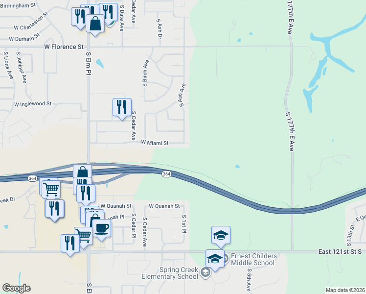map of restaurants, bars, coffee shops, grocery stores, and more near 109 West Miami Street in Broken Arrow