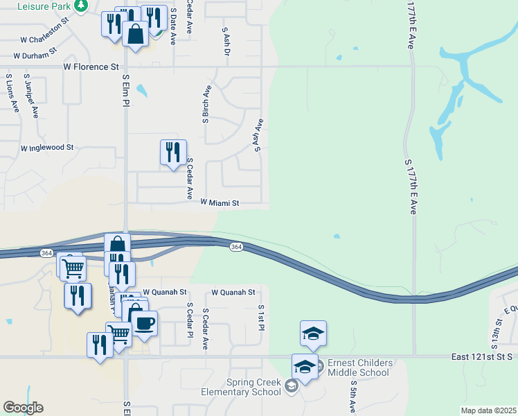 map of restaurants, bars, coffee shops, grocery stores, and more near 109 West Miami Street in Broken Arrow