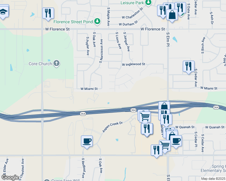 map of restaurants, bars, coffee shops, grocery stores, and more near 5700 South Lions Avenue in Broken Arrow