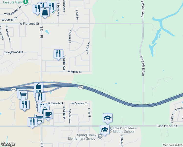 map of restaurants, bars, coffee shops, grocery stores, and more near 109 West Miami Street in Broken Arrow