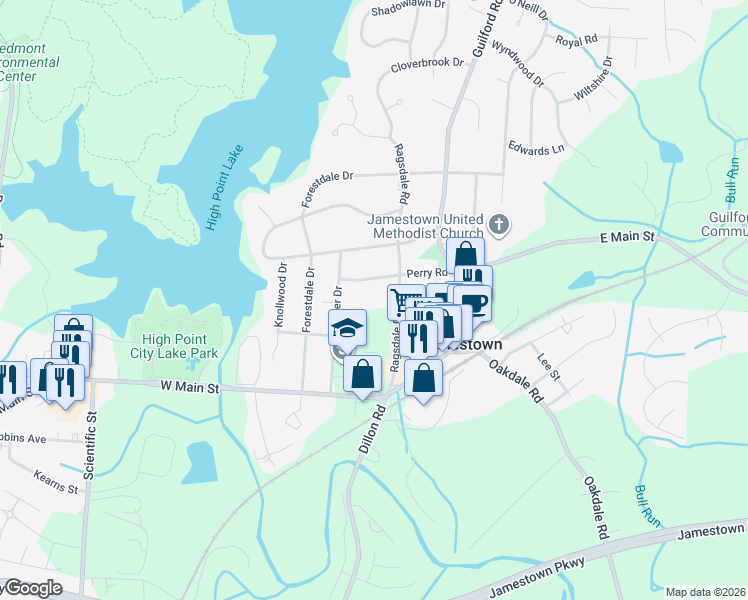 map of restaurants, bars, coffee shops, grocery stores, and more near 207 Perry Road in Jamestown
