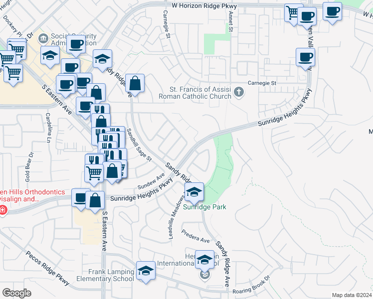 map of restaurants, bars, coffee shops, grocery stores, and more near 2557 Swans Chance Avenue in Henderson
