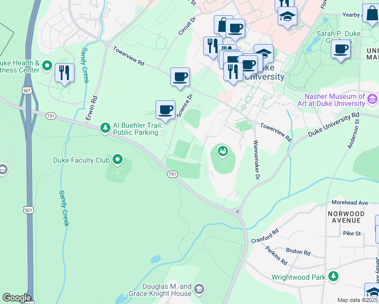 map of restaurants, bars, coffee shops, grocery stores, and more near 106 Whitford Drive in Durham
