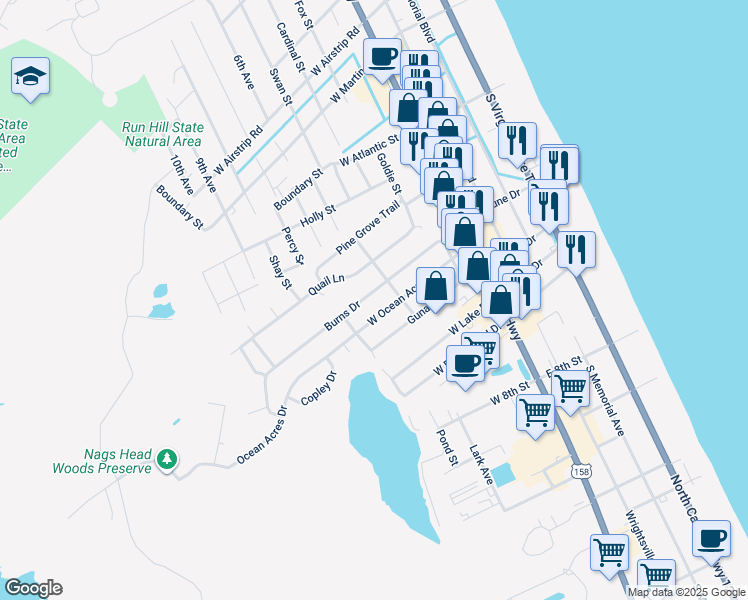 map of restaurants, bars, coffee shops, grocery stores, and more near 307 Burns Drive in Kill Devil Hills