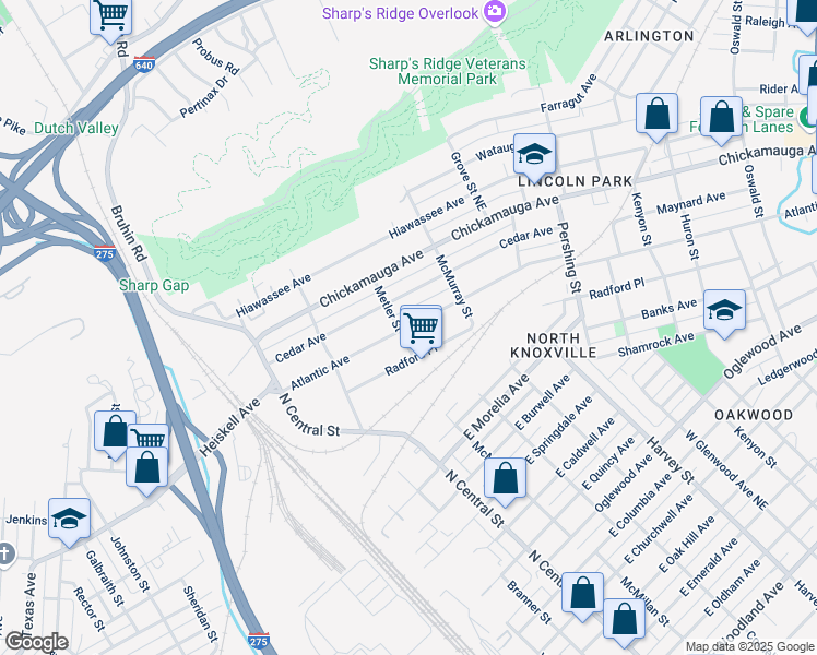 map of restaurants, bars, coffee shops, grocery stores, and more near 304 Atlantic Avenue in Knoxville