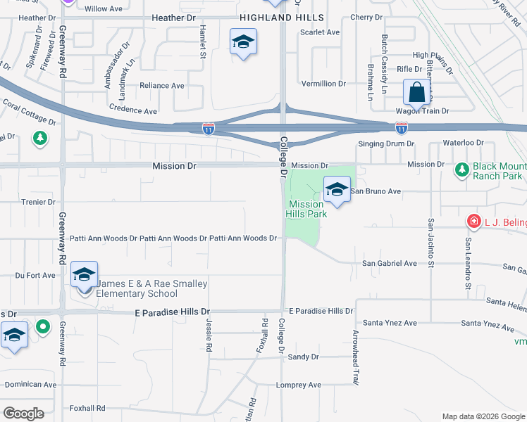 map of restaurants, bars, coffee shops, grocery stores, and more near 2 College Drive in Henderson