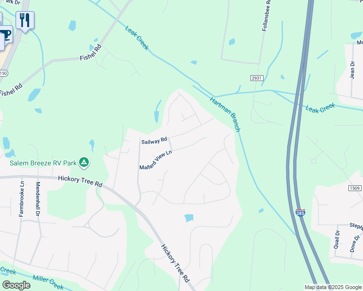 map of restaurants, bars, coffee shops, grocery stores, and more near 335 Mallard View Lane in Winston-Salem