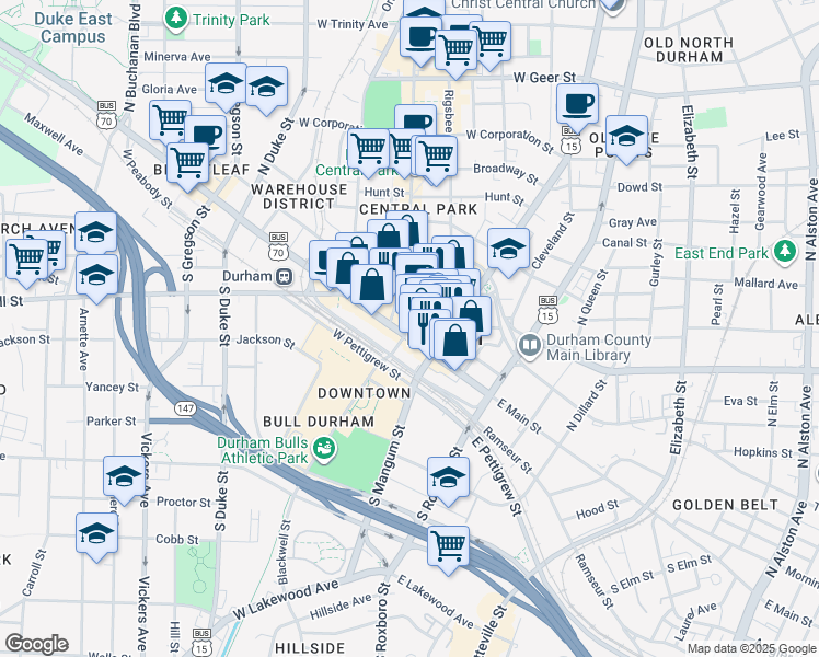 map of restaurants, bars, coffee shops, grocery stores, and more near 110 N Corcoran Street in Durham
