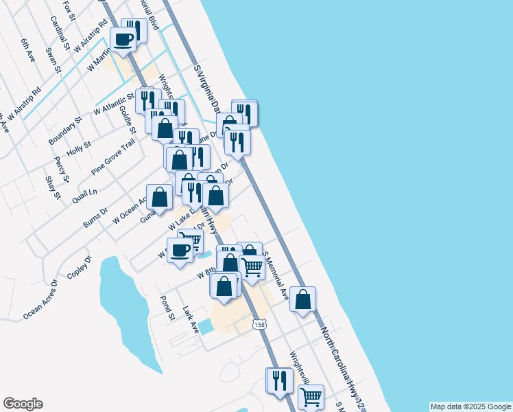 map of restaurants, bars, coffee shops, grocery stores, and more near 2016 South Virginia Dare Trail in Kill Devil Hills