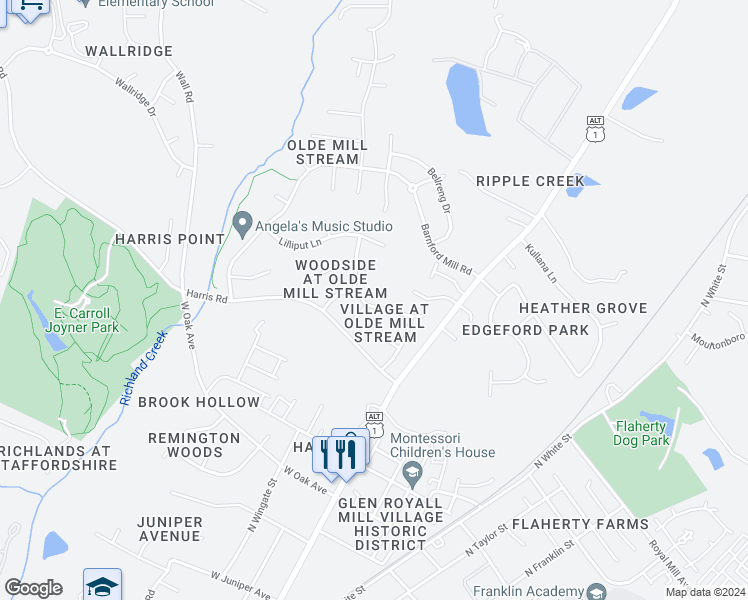 map of restaurants, bars, coffee shops, grocery stores, and more near 152 Melksham Road in Wake Forest