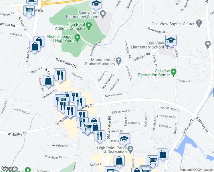 map of restaurants, bars, coffee shops, grocery stores, and more near 202 Oakview Road in High Point