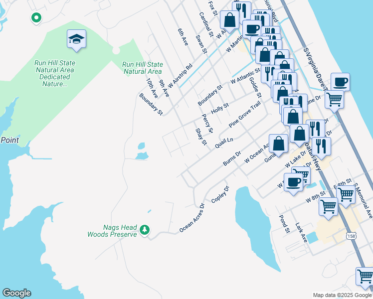 map of restaurants, bars, coffee shops, grocery stores, and more near 1422 Mollie St in Kill Devil Hills
