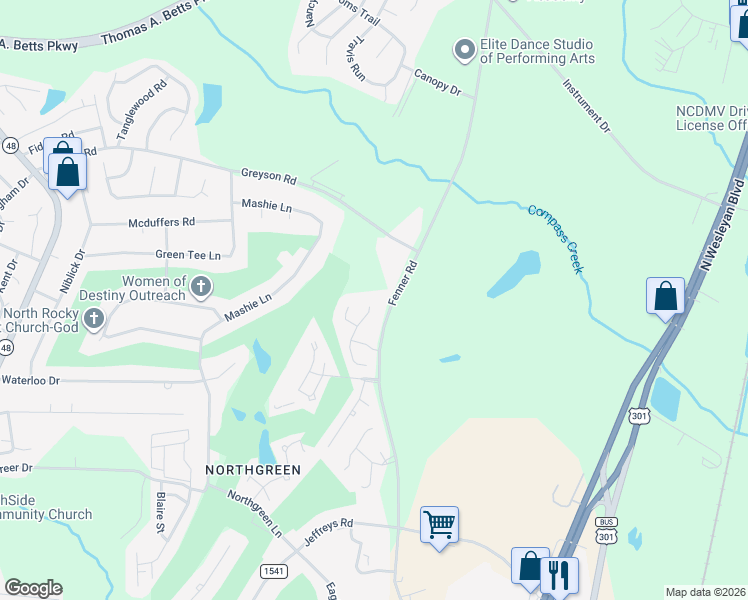 map of restaurants, bars, coffee shops, grocery stores, and more near 241 Browning Lane in Rocky Mount