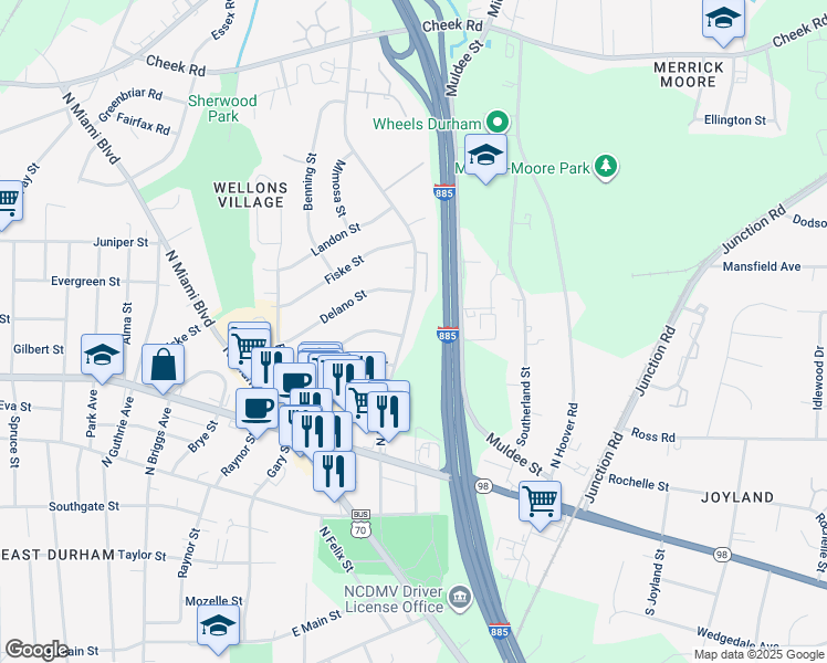 map of restaurants, bars, coffee shops, grocery stores, and more near 1200 Raynor Street in Durham