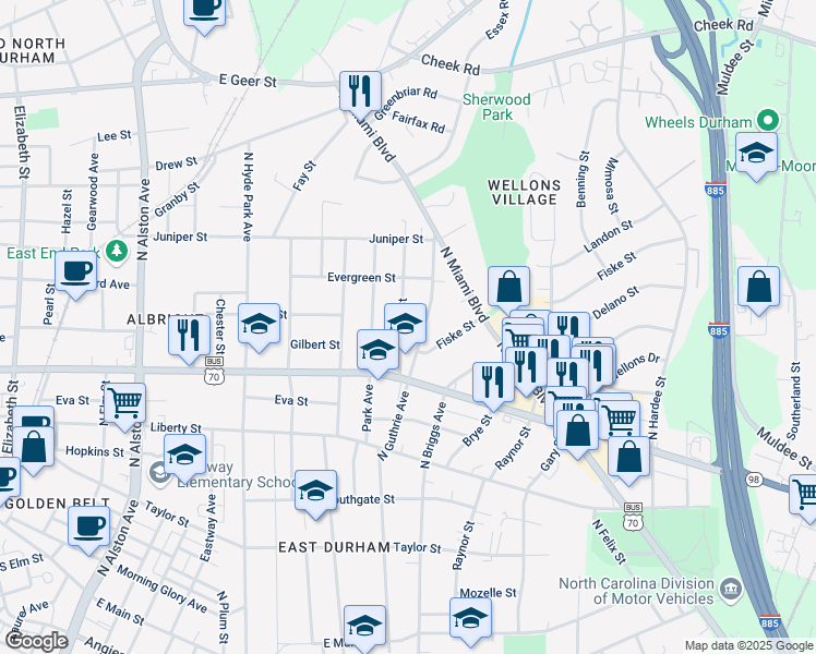 map of restaurants, bars, coffee shops, grocery stores, and more near 1003 Alma Street in Durham