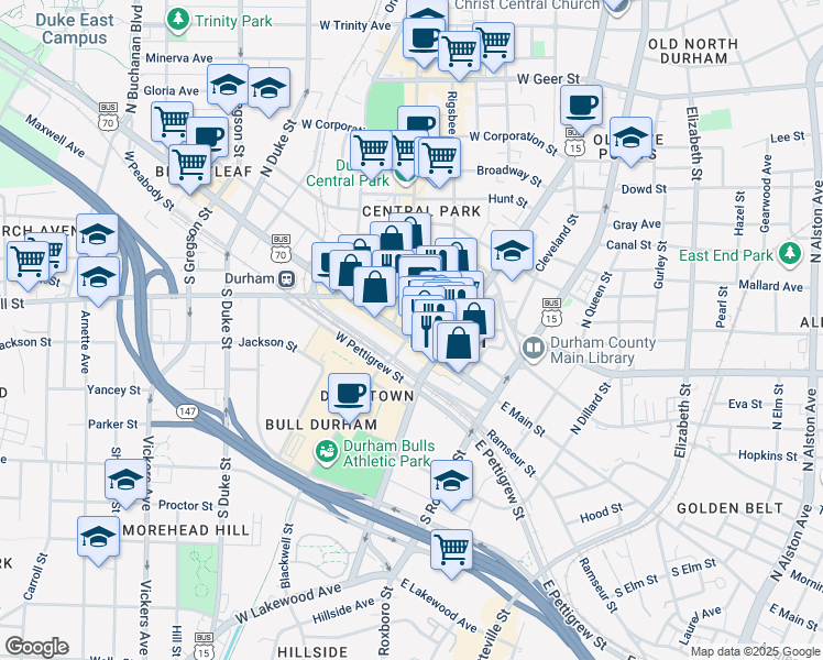 map of restaurants, bars, coffee shops, grocery stores, and more near 126 West Main Street in Durham