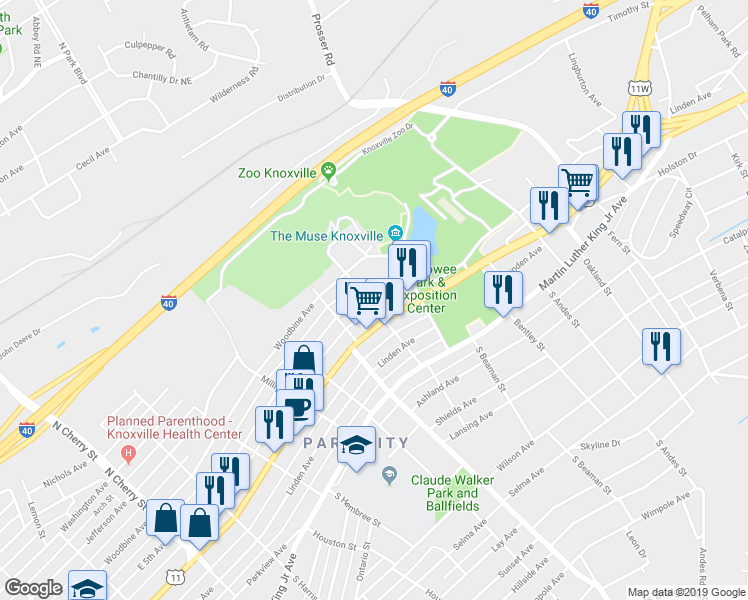 map of restaurants, bars, coffee shops, grocery stores, and more near 3201 East Magnolia Avenue in Knoxville