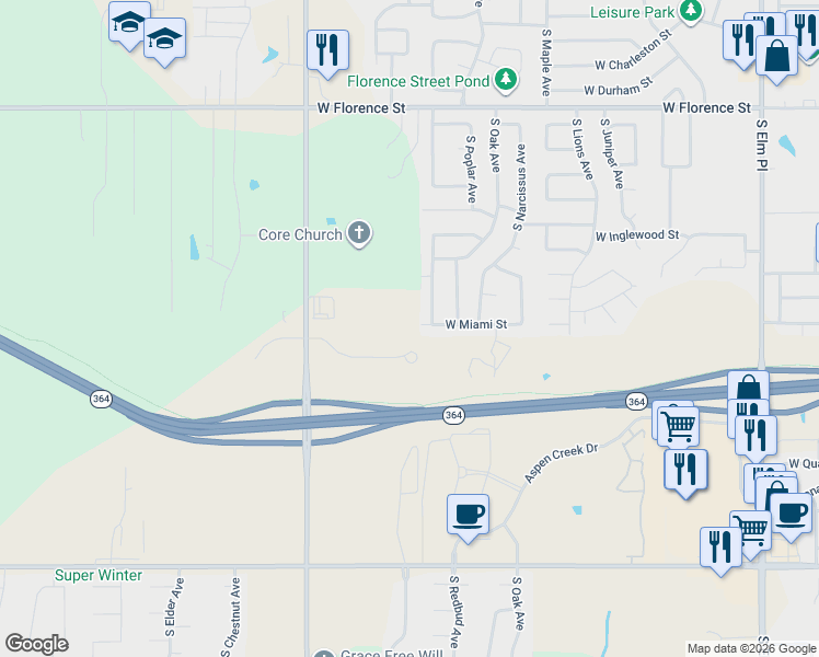 map of restaurants, bars, coffee shops, grocery stores, and more near 1901 West Miami Street in Broken Arrow