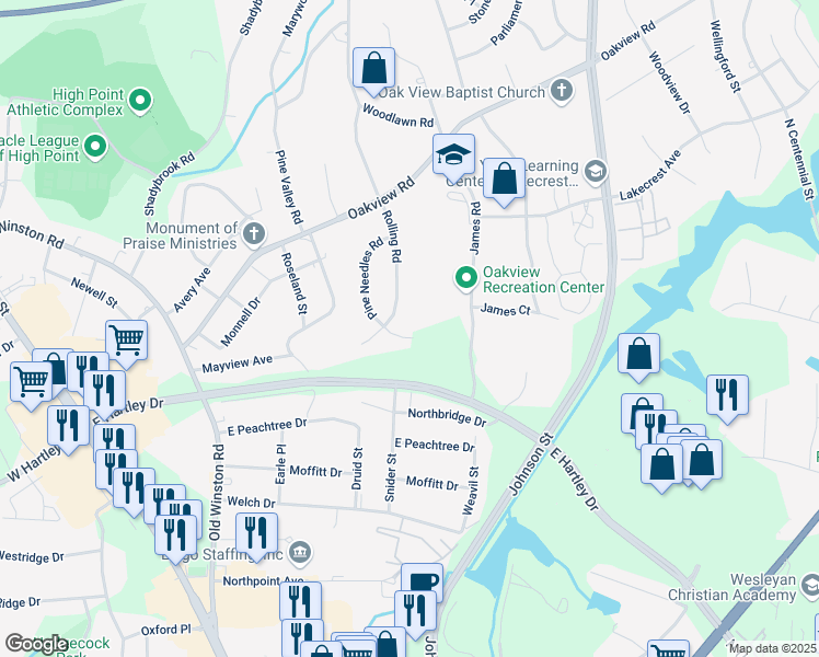map of restaurants, bars, coffee shops, grocery stores, and more near 3113 Pine Needles Road in High Point