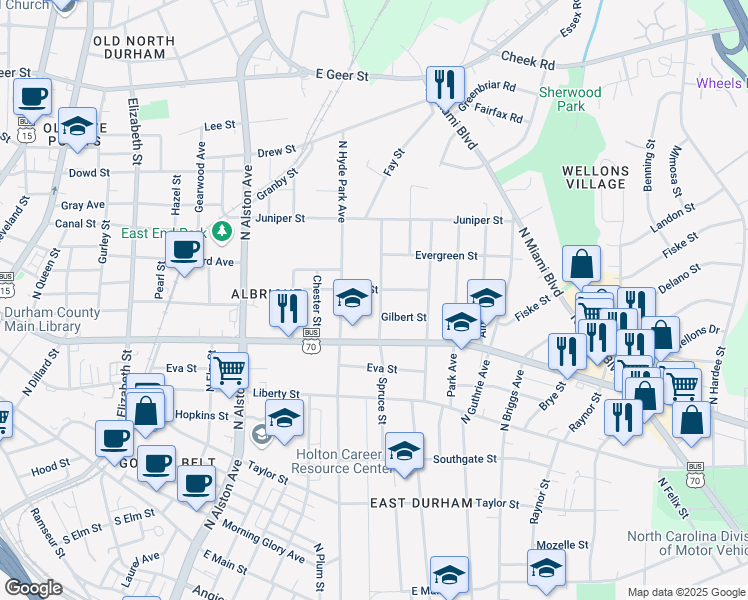 map of restaurants, bars, coffee shops, grocery stores, and more near 1009 Spruce Street in Durham