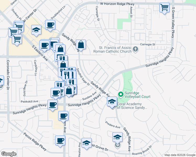 map of restaurants, bars, coffee shops, grocery stores, and more near 2570 Swans Chance Avenue in Henderson