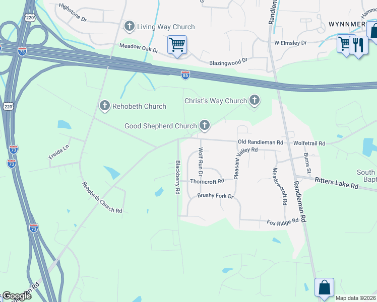 map of restaurants, bars, coffee shops, grocery stores, and more near 4412 Gray Wolf Way in Greensboro