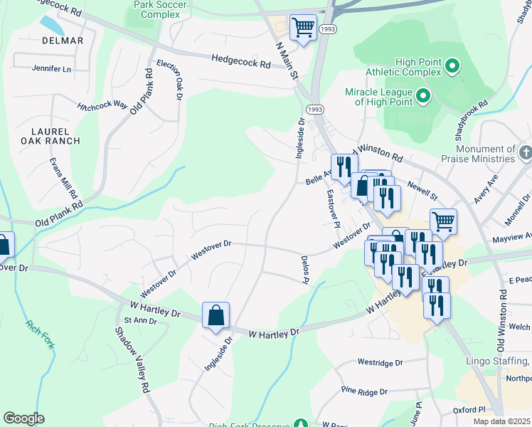 map of restaurants, bars, coffee shops, grocery stores, and more near 2918 Westgate Drive in High Point