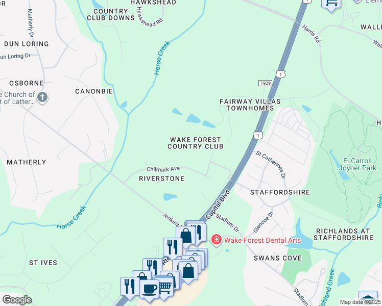 map of restaurants, bars, coffee shops, grocery stores, and more near 121 Keeter Circle in Wake Forest