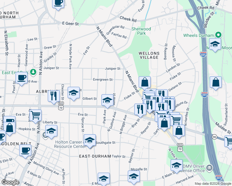 map of restaurants, bars, coffee shops, grocery stores, and more near 1008 Alma Street in Durham