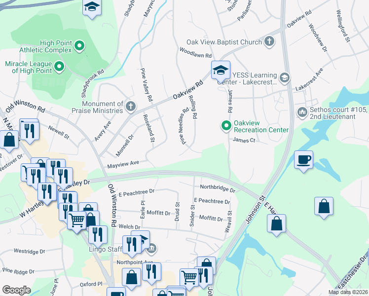 map of restaurants, bars, coffee shops, grocery stores, and more near 3102 Rolling Road in High Point