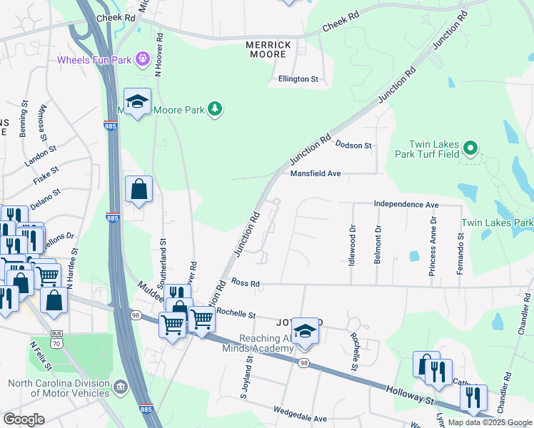 map of restaurants, bars, coffee shops, grocery stores, and more near 322 Junction Road in Durham