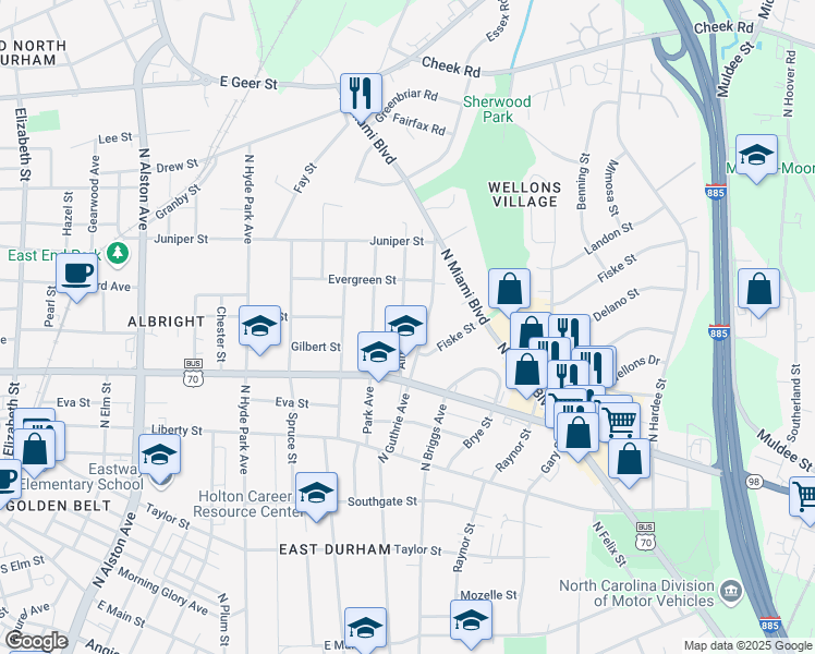 map of restaurants, bars, coffee shops, grocery stores, and more near 1008 Alma Street in Durham