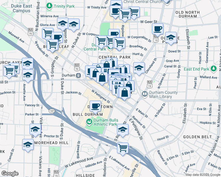 map of restaurants, bars, coffee shops, grocery stores, and more near 111 Corcoran Street in Durham