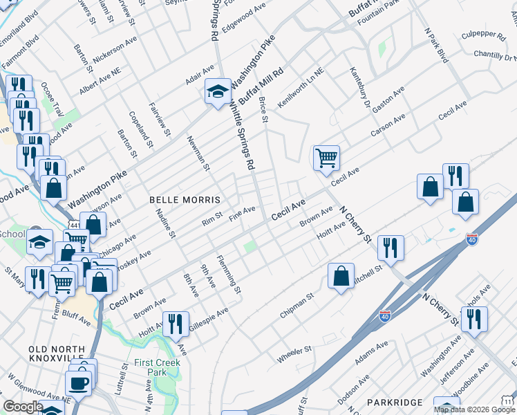 map of restaurants, bars, coffee shops, grocery stores, and more near 2330 Fine Avenue in Knoxville