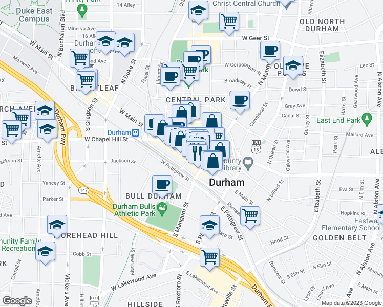 map of restaurants, bars, coffee shops, grocery stores, and more near 126 West Main Street in Durham