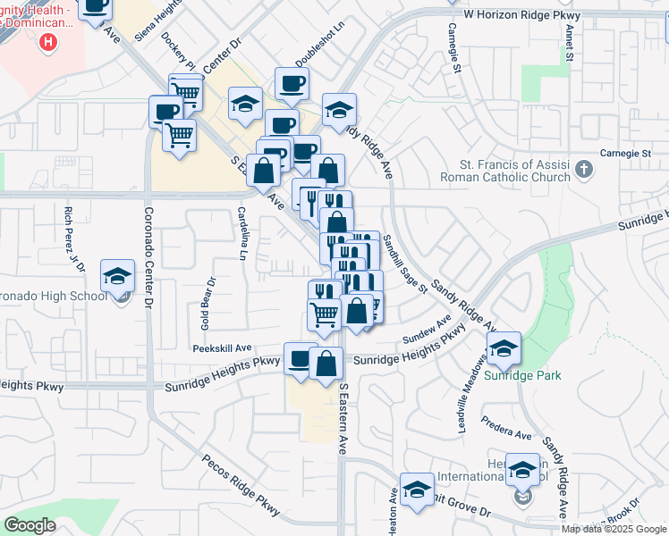 map of restaurants, bars, coffee shops, grocery stores, and more near 10817 South Eastern Avenue in Henderson