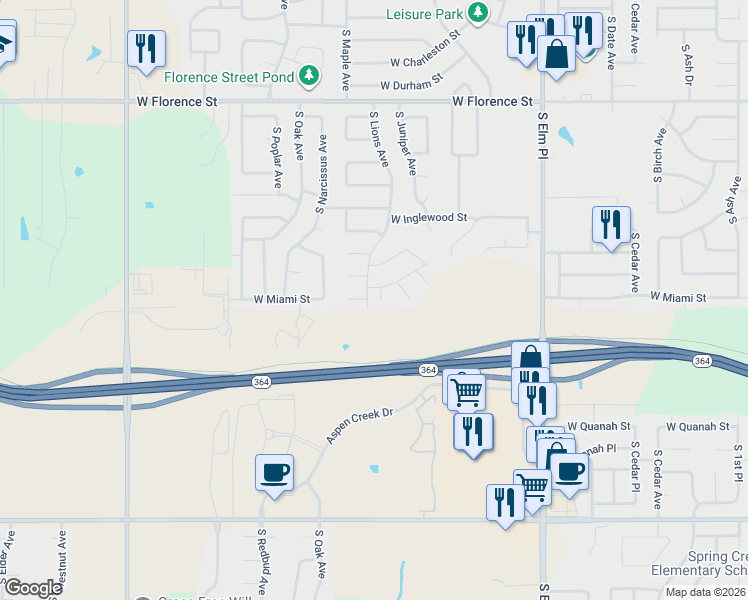 map of restaurants, bars, coffee shops, grocery stores, and more near 5606 South Juniper Place in Broken Arrow