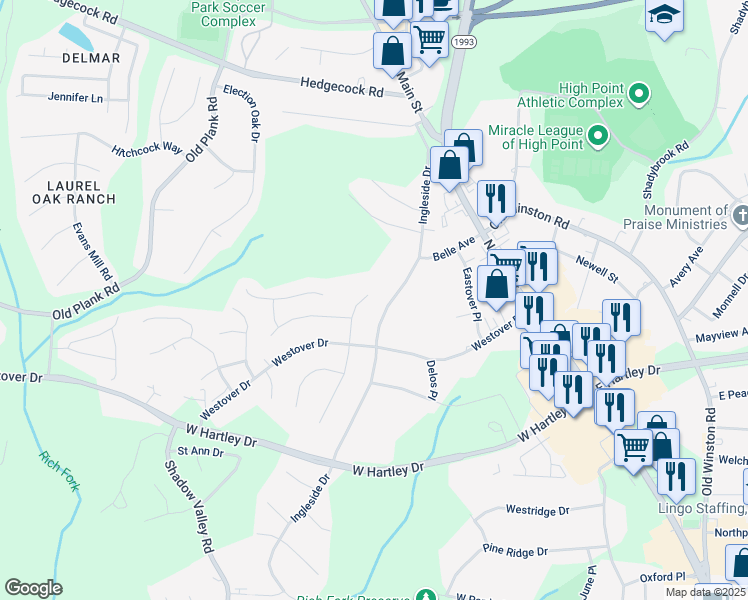 map of restaurants, bars, coffee shops, grocery stores, and more near 2918 Westgate Drive in High Point