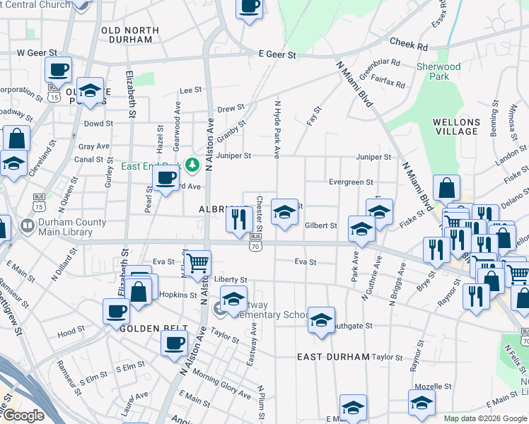map of restaurants, bars, coffee shops, grocery stores, and more near 1001 North Hyde Park Avenue in Durham