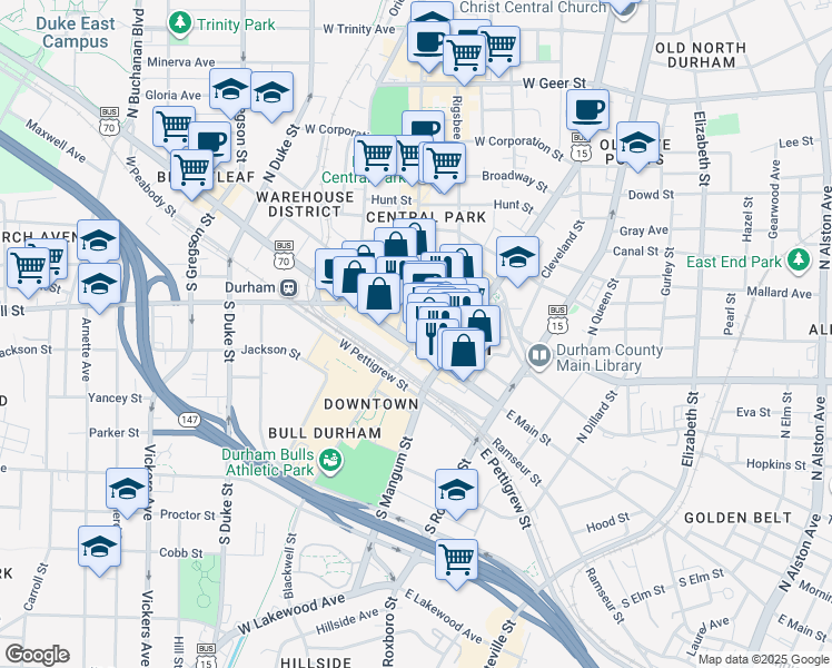 map of restaurants, bars, coffee shops, grocery stores, and more near 126 West Main Street in Durham
