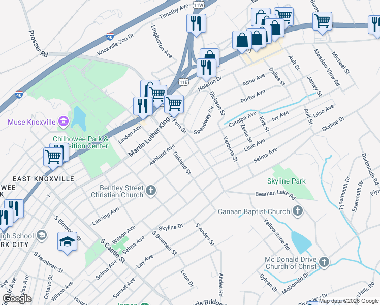 map of restaurants, bars, coffee shops, grocery stores, and more near 216 Oakland Street in Knoxville