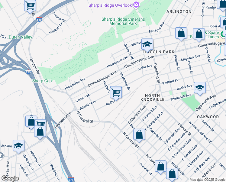map of restaurants, bars, coffee shops, grocery stores, and more near 304 Atlantic Avenue in Knoxville